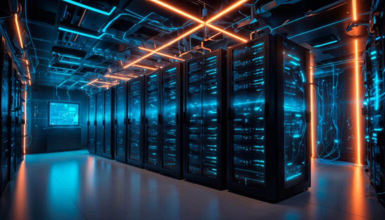 The image is a depiction of a modern data center, which houses numerous server racks in a secure, climate-controlled environment.