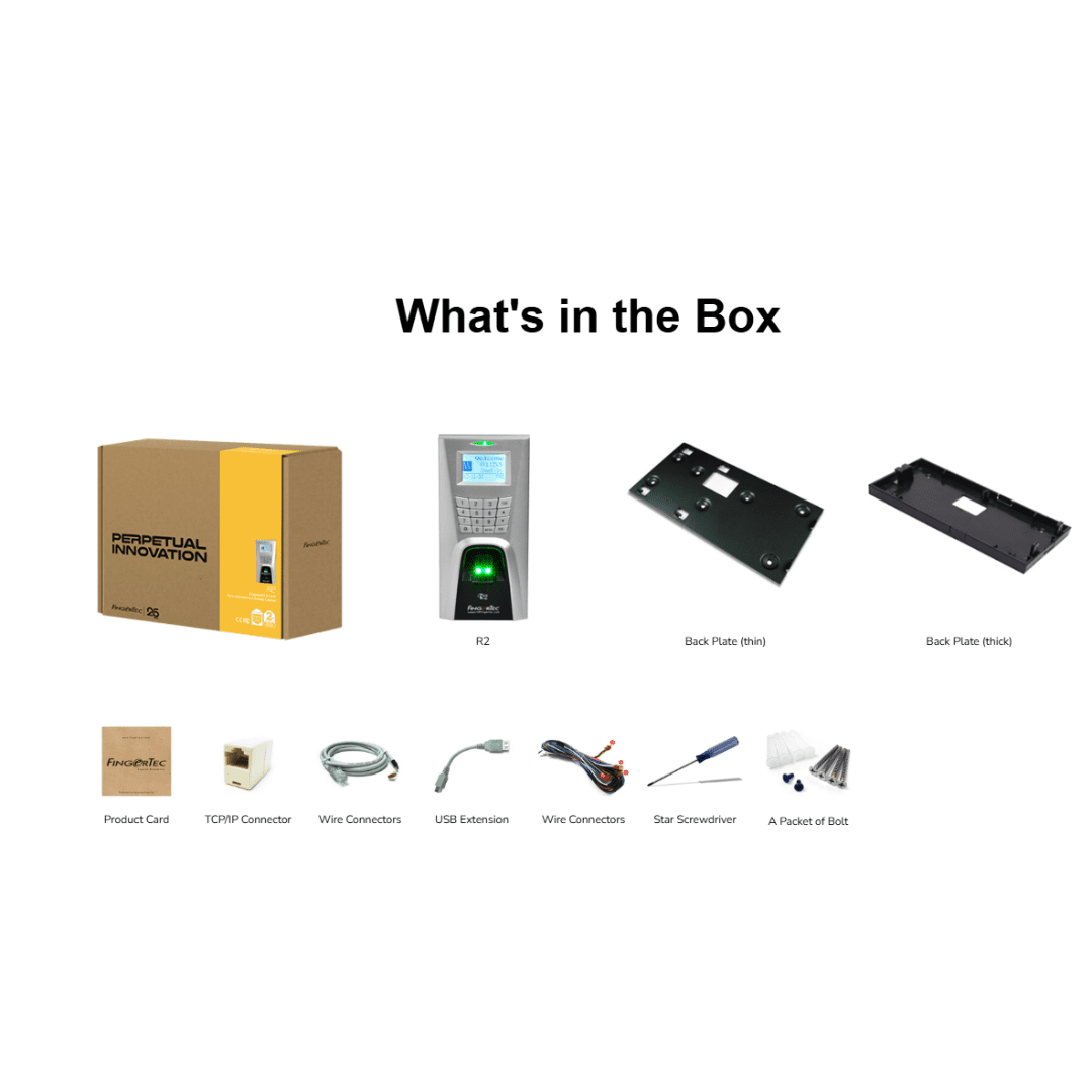 The image displays the contents of the box for the FingerTec R2, a fingerprint time attendance and access control solution.