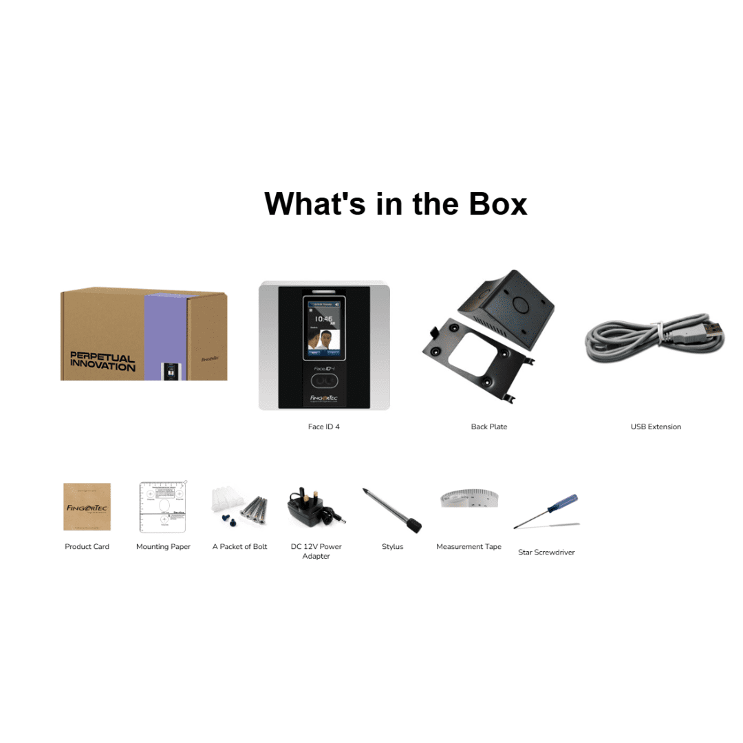 The image shows the box contents of the FingerTec R2, a fingerprint-based time attendance and access control system.
