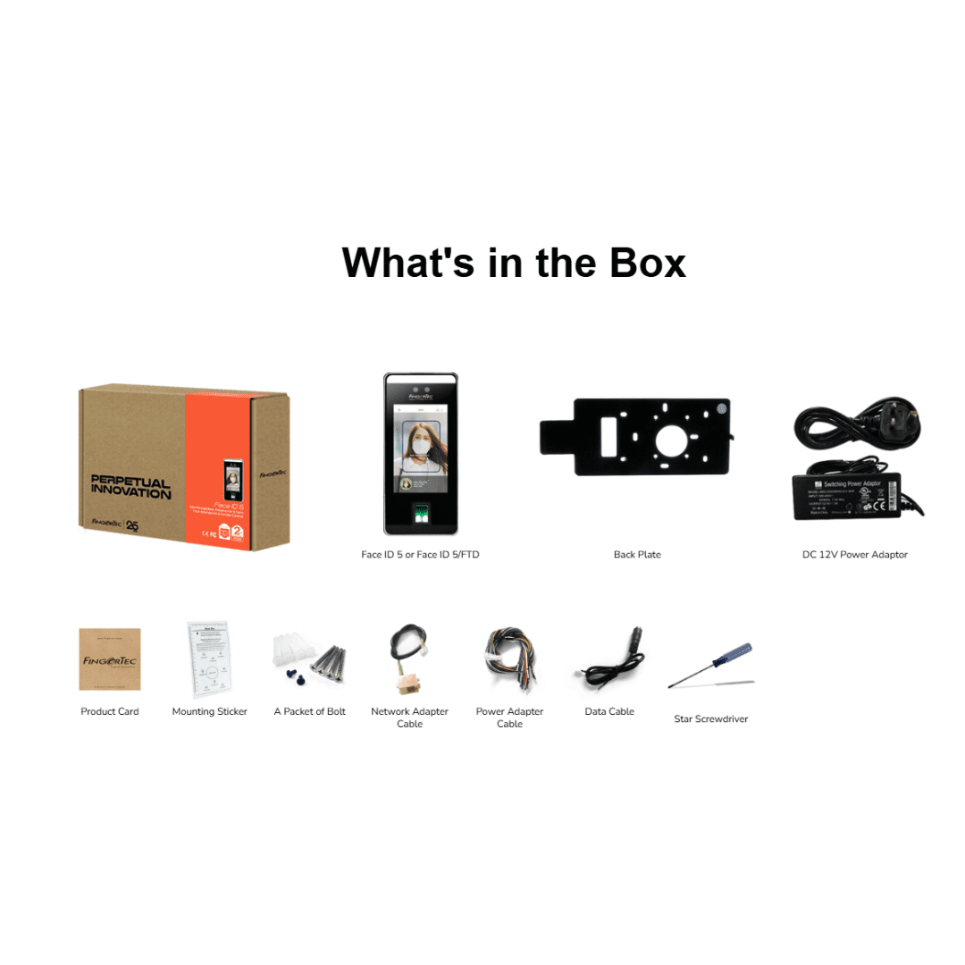 The image presents the box contents of the FingerTec R2 fingerprint attendance and access control unit.
