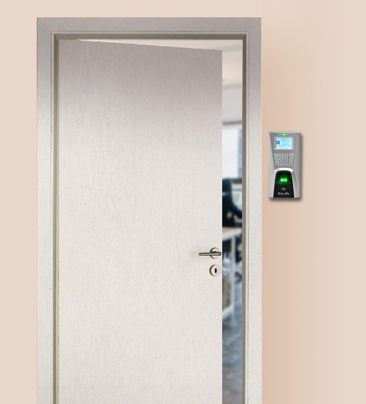 residential interior door, accompanied by a biometric access control system.