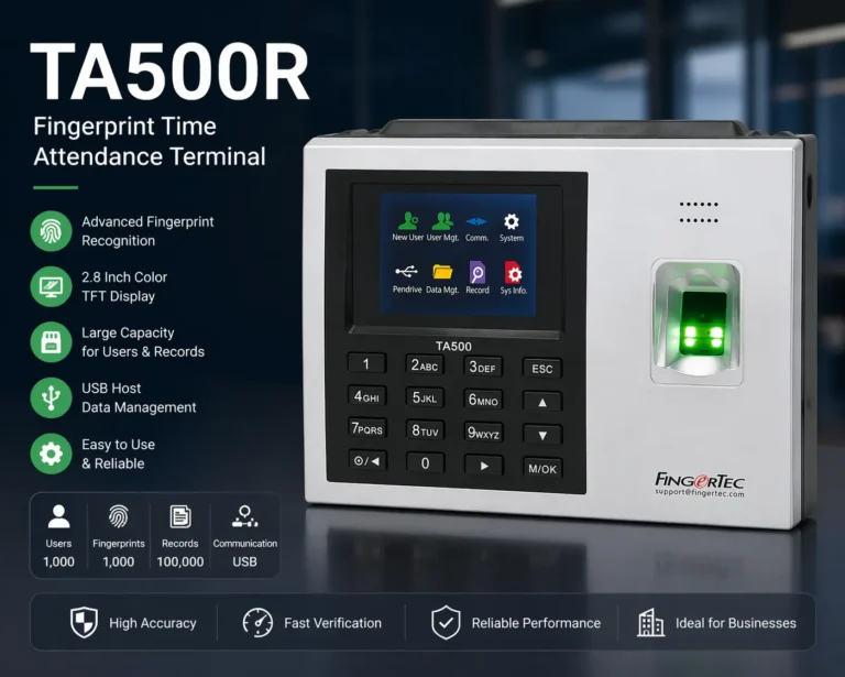 The picture includes the information regarding the product name TA500R Fingerprint time attendance terminal