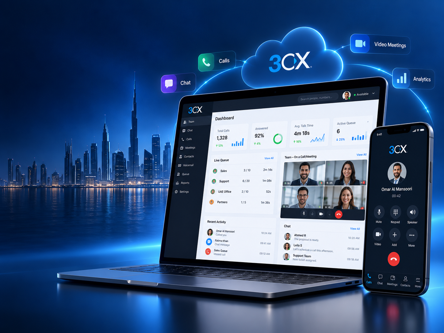3CX unified communications platform illustration showing business phone system, call queues, video meetings, messaging and mobile app